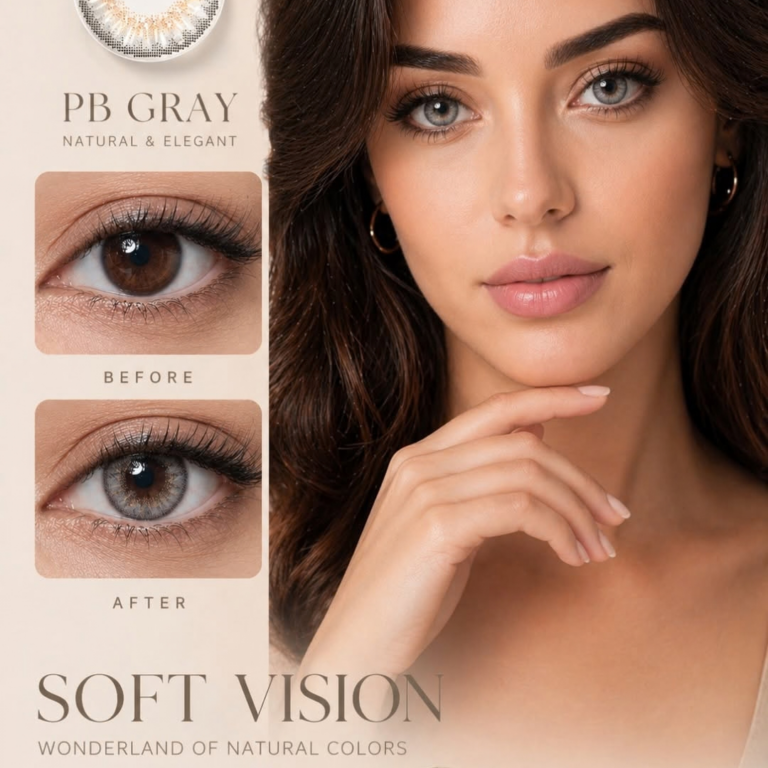 Comparatif avant après sur yeux marron avec les lentilles de contact grises SOFT VISION PB GRAY Natural and Elegant