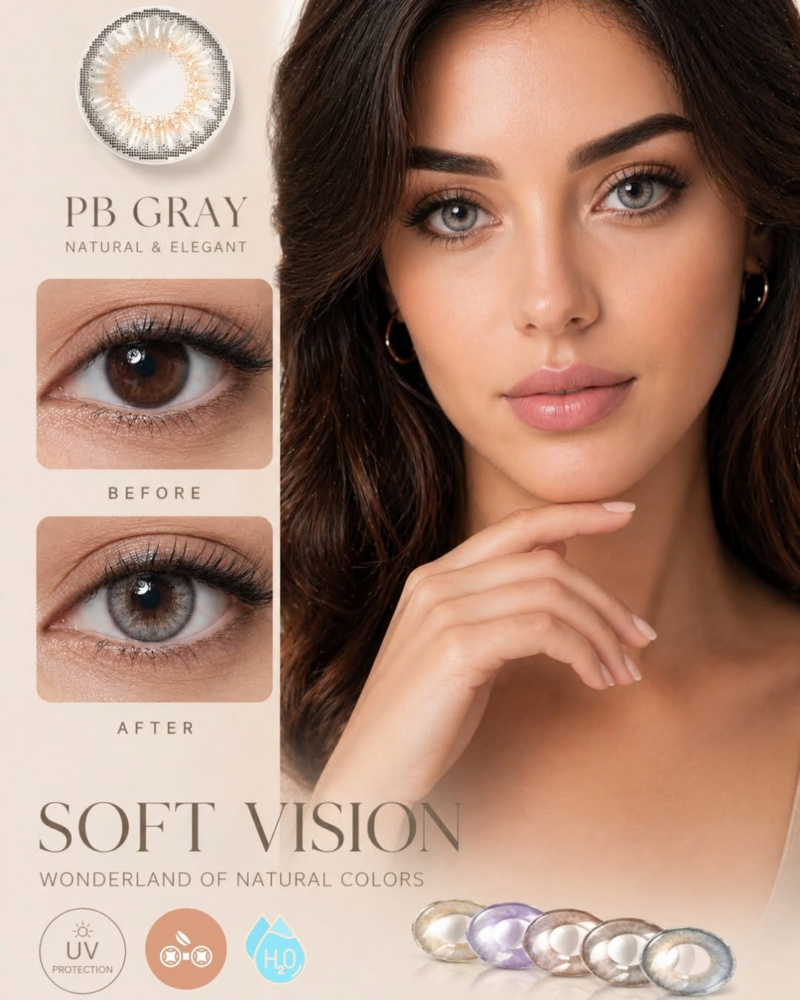 Comparatif avant après sur yeux marron avec les lentilles de contact grises SOFT VISION PB GRAY Natural and Elegant