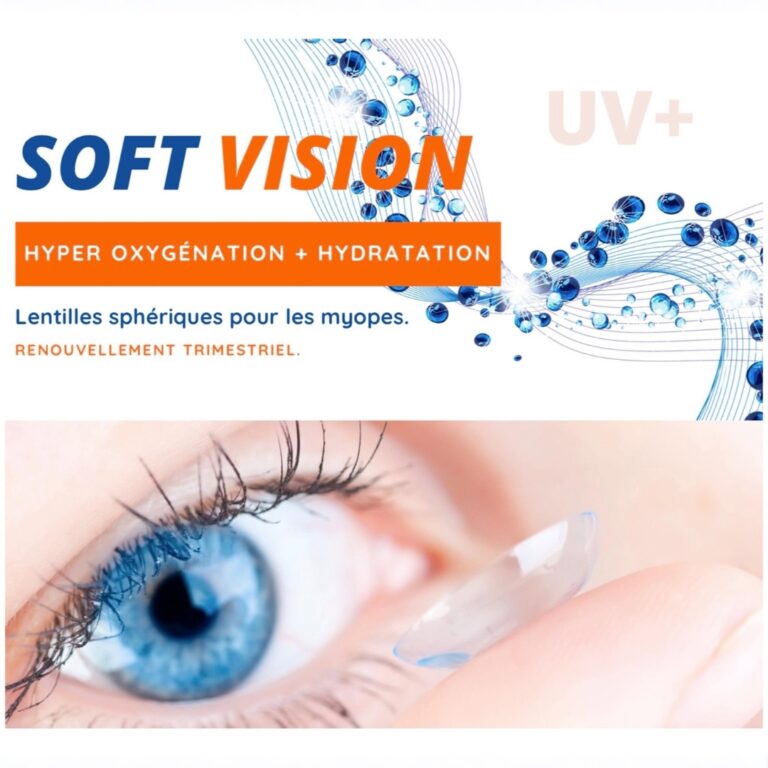 Infographie pour lentilles Soft Vision avec texte sur l'hyper oxygénation et la myopie, au-dessus d'un gros plan d'un œil bleu et d'une main appliquant une lentille.