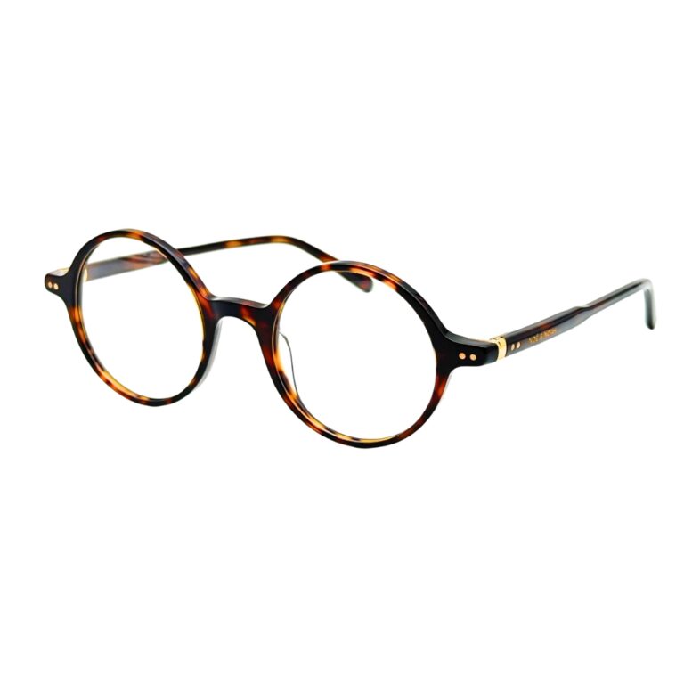 Lunettes de vue rondes vintage Noé & Noah HD2304 en acétate écaille havana, vue de face et détail intérieur branche