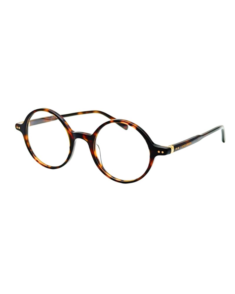 Lunettes de vue rondes vintage Noé & Noah HD2304 en acétate écaille havana, vue de face et détail intérieur branche