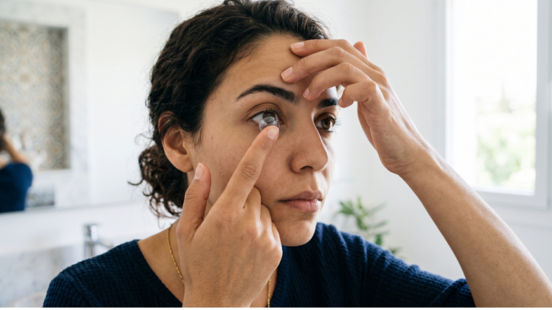 Pose d'une lentille de contact souple sur l'iris en maintenant la paupière supérieure