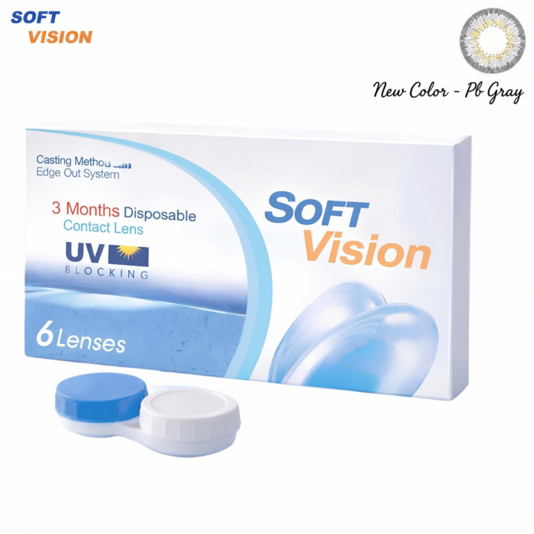 Boîte de lentilles de contact grises SOFT VISION PB GRAY avec étui et mention 3 Months Disposable UV Blocking