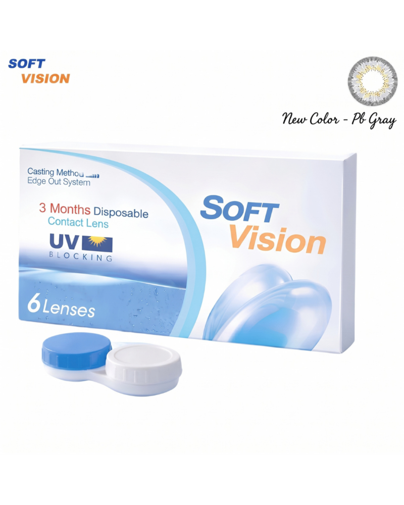 Boîte de lentilles de contact grises SOFT VISION PB GRAY avec étui et mention 3 Months Disposable UV Blocking