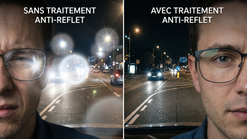 Comparatif de vision nocturne en conduite avec verre sans anti-reflet et avec traitement anti-reflet