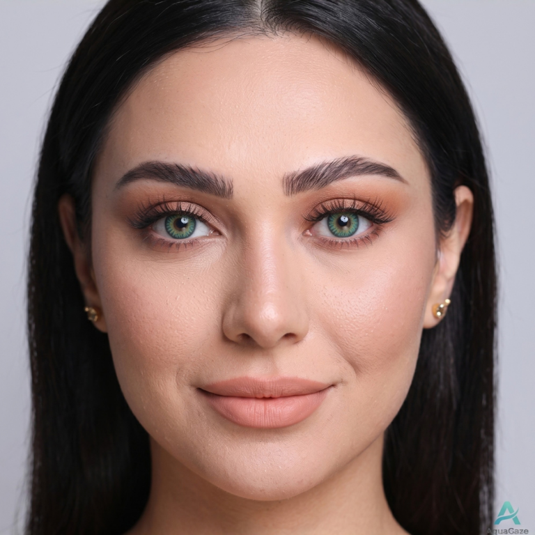 Portrait de face d'une femme portant les lentilles de contact turquoise Soft Vision montrant l'harmonie des deux yeux