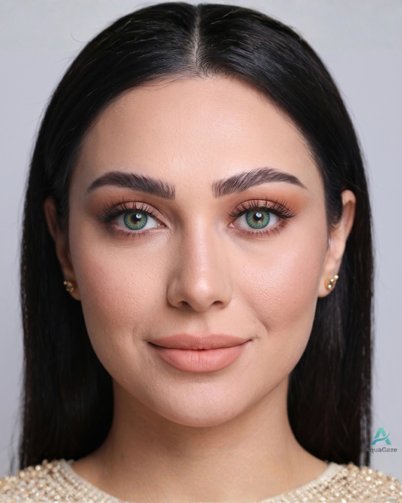 Portrait de face d'une femme portant les lentilles de contact turquoise Soft Vision montrant l'harmonie des deux yeux