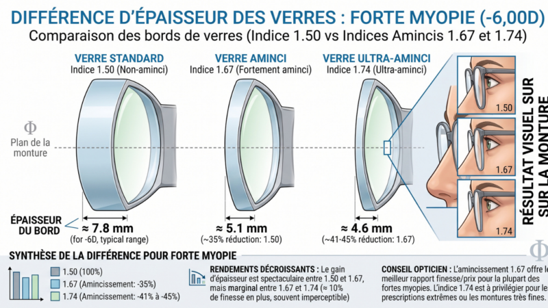 Infographie comparative de l'épaisseur de bord des verres d'indices 1.50, 1.67 et 1.74 pour forte myopie