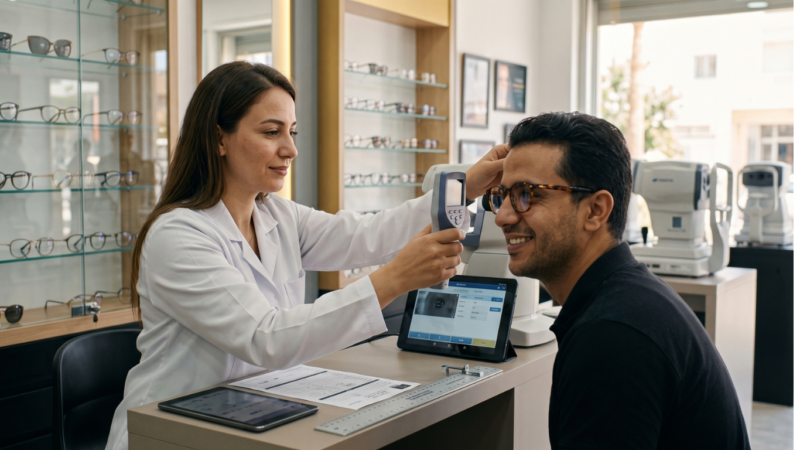 Opticienne réalisant la mesure des écarts pupillaires d'un client avec un appareil numérique chez Azzabi Optic