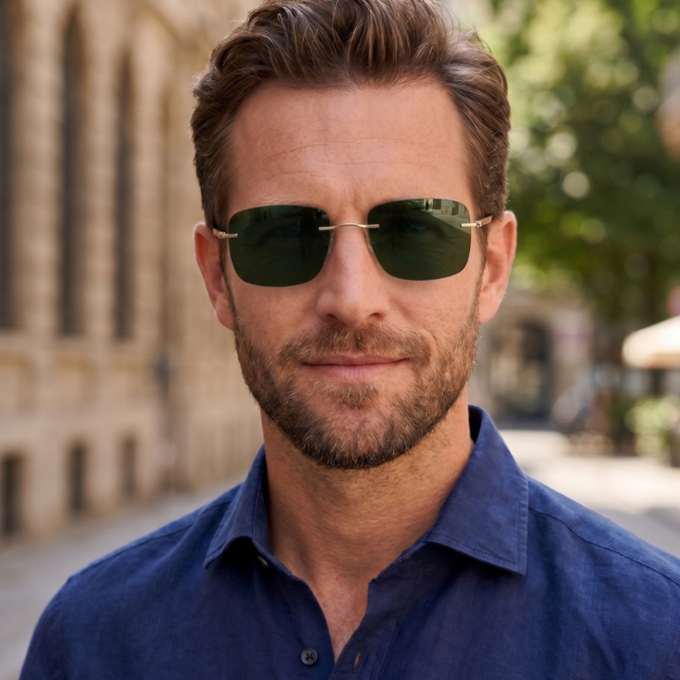 Homme portant les lunettes de soleil en titane doré rimless Silhouette Chesterman 8752 en extérieur