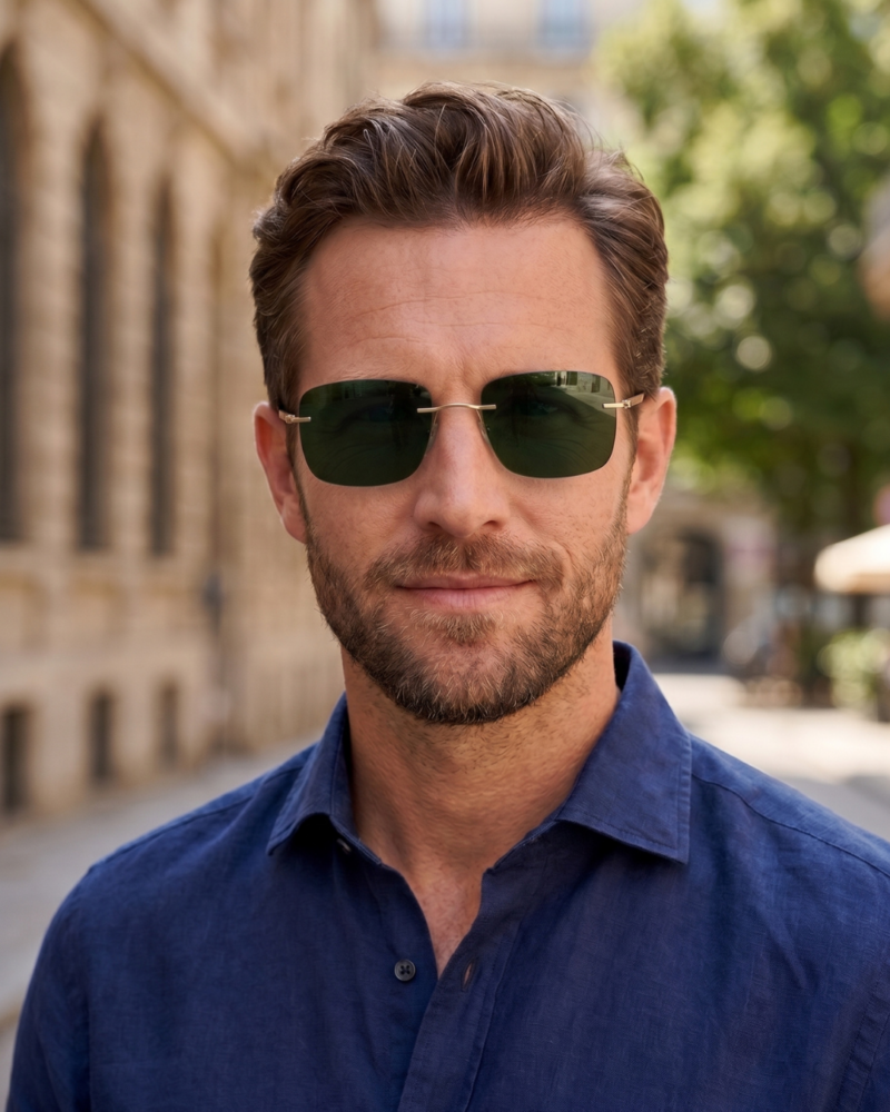 Homme portant les lunettes de soleil en titane doré rimless Silhouette Chesterman 8752 en extérieur