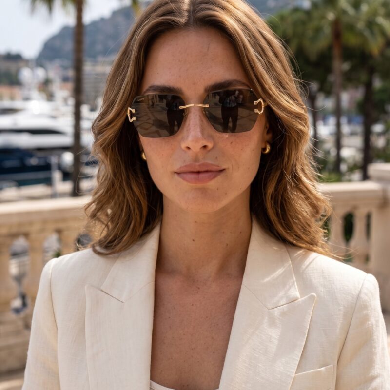 Femme portant les lunettes de soleil NOE & NOAH TUBO sans cadre verres bruns dorées