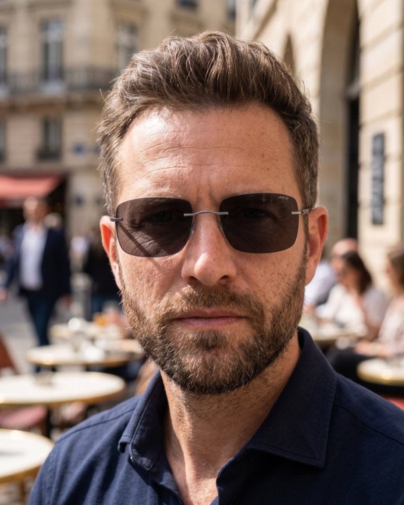 Homme portant les lunettes de soleil Silhouette Chesterman 8752 6560 titane gris ruthénium et verres gris polarisés