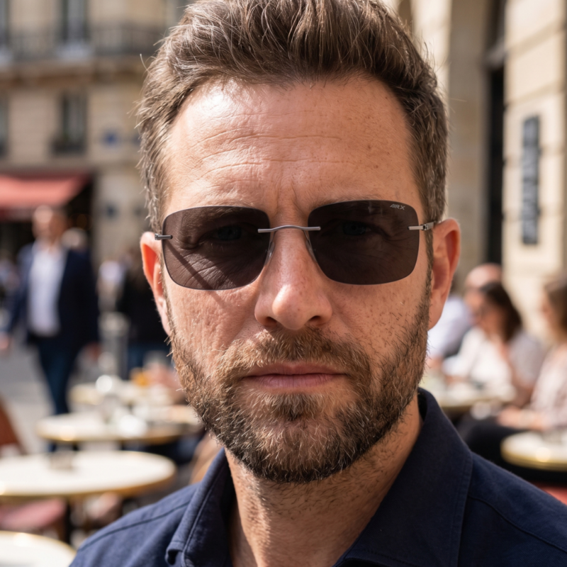 Homme portant les lunettes de soleil Silhouette Chesterman 8752 6560 titane gris ruthénium et verres gris polarisés