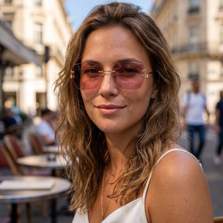 porte-femme-lunettes-de-soleil-noe-noah-tubo-rose Femme portant les lunettes de soleil NOE & NOAH TUBO verres teintés rose bonbon lumineux