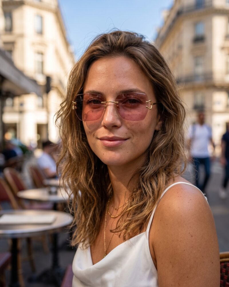 porte-femme-lunettes-de-soleil-noe-noah-tubo-rose Femme portant les lunettes de soleil NOE & NOAH TUBO verres teintés rose bonbon lumineux