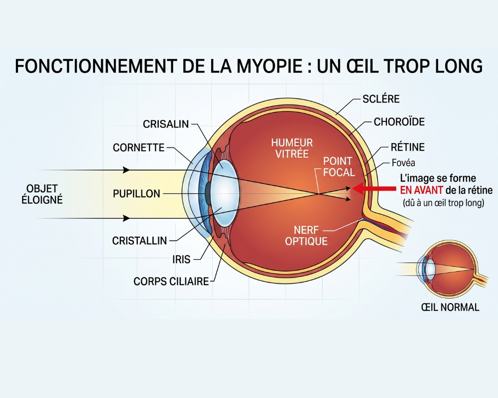 Schéma explicatif de la myopie chez l'enfant et allongement axial de l'œil