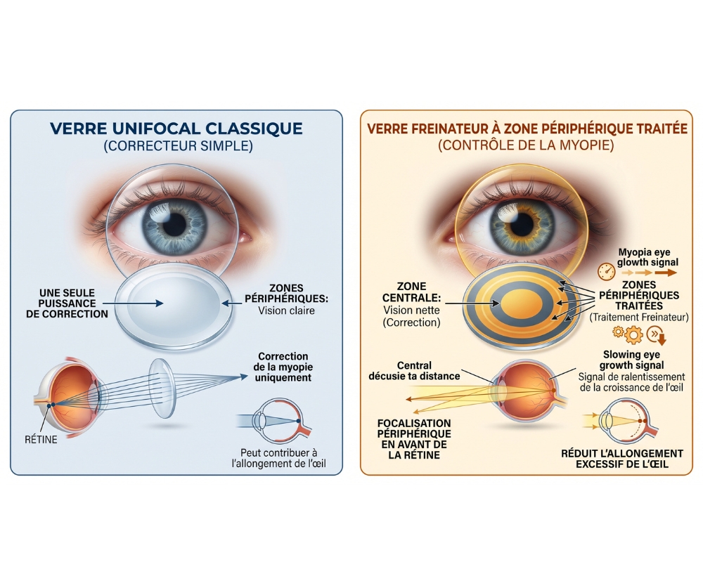 Technologie optique de traitement de la myopie chez l'enfant : verre unifocal versus verre freinateur