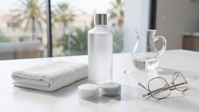 Étui à lentilles, flacon de solution multifonction, serviette et lunettes de relais