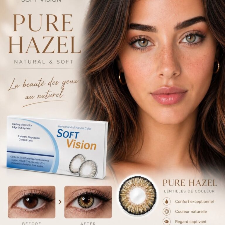 Lentilles de couleur trimestrielles Soft Vision F Pure Hazel avec boîte packaging, mannequin et démonstration avant après sur œil chez AZZABI OPTIC Tunisie