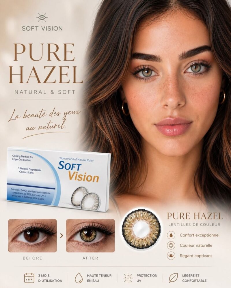 Lentilles de couleur trimestrielles Soft Vision F Pure Hazel avec boîte packaging, mannequin et démonstration avant après sur œil chez AZZABI OPTIC Tunisie