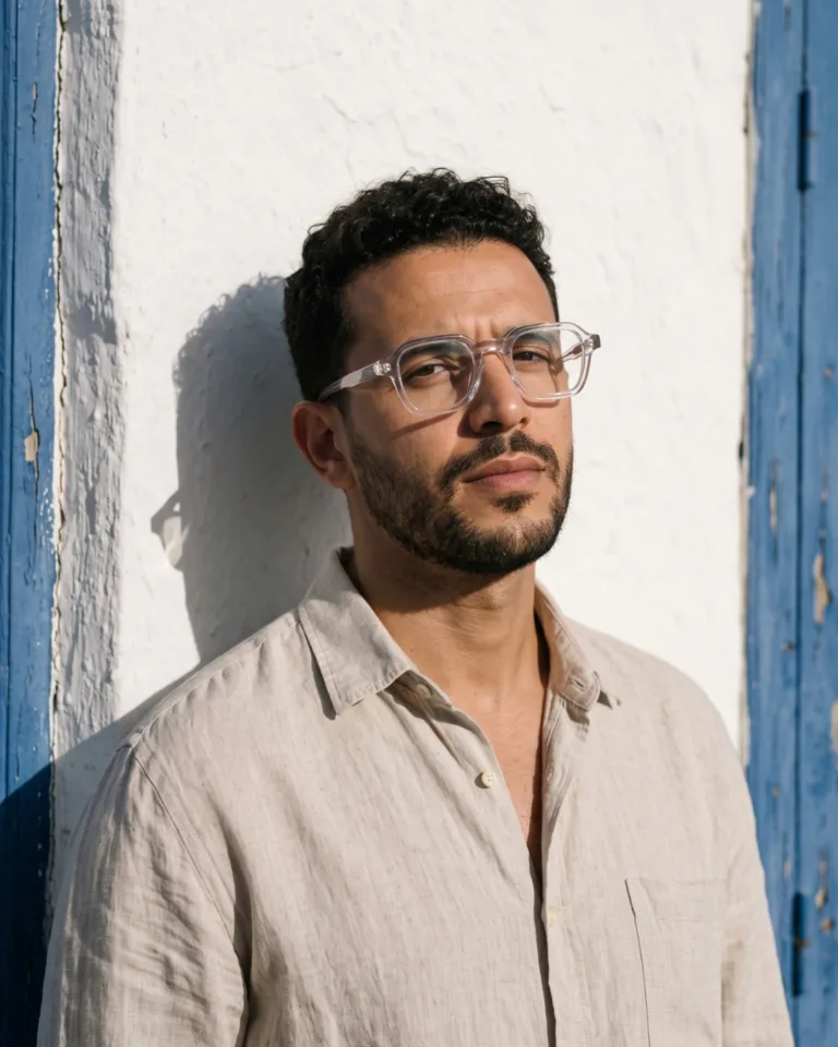 Jeune homme portant les lunettes de vue BERGAMOT LUXOR en acétate cristal, création tunisienne