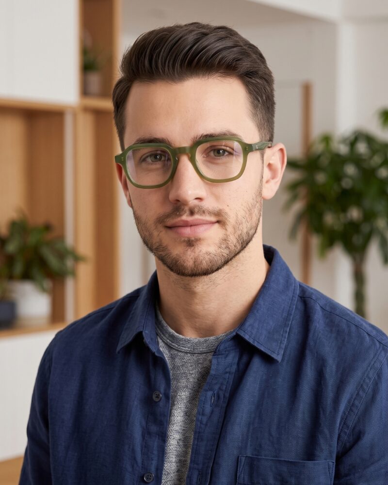 Jeune homme portant les lunettes de vue BERGAMOT LUXOR en acétate vert olive translucide