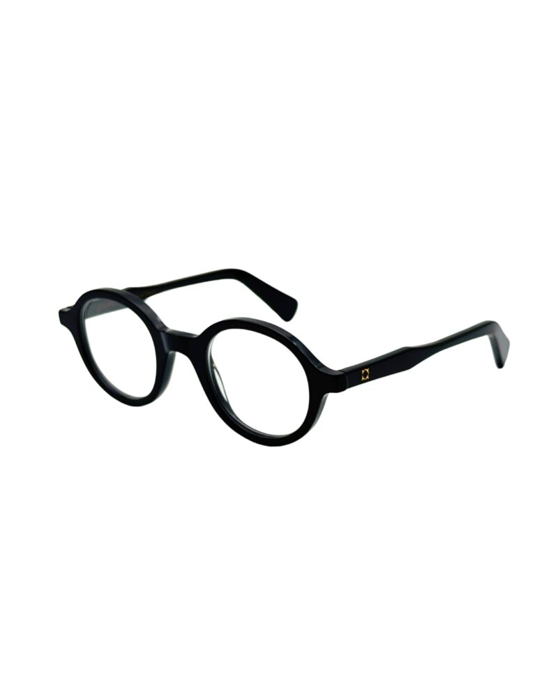 Monture optique ronde BERGAMOT Punch en acétate noir brillant, vue de trois-quarts face.