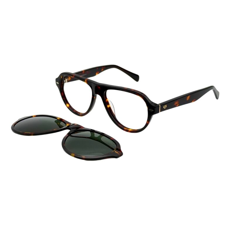 Lunettes de vue KAVAK KV6001 C2 en acétate écaille foncée présentées de trois quarts avec leur clip solaire magnétique détaché au premier plan