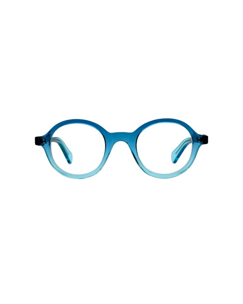 Lunettes de vue pantos BERGAMOT Punch en acétate bleu dégradé, vue frontale sur fond blanc.