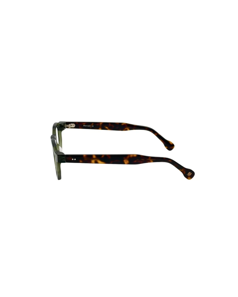 Vue de profil des lunettes de vue clip on Tunisie Blue Eyes BE5010, montrant les détails des branches en acétate écaille de tortue.