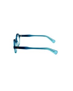 Branche de lunettes en acétate bleu translucide BERGAMOT Punch avec logo géométrique doré.
