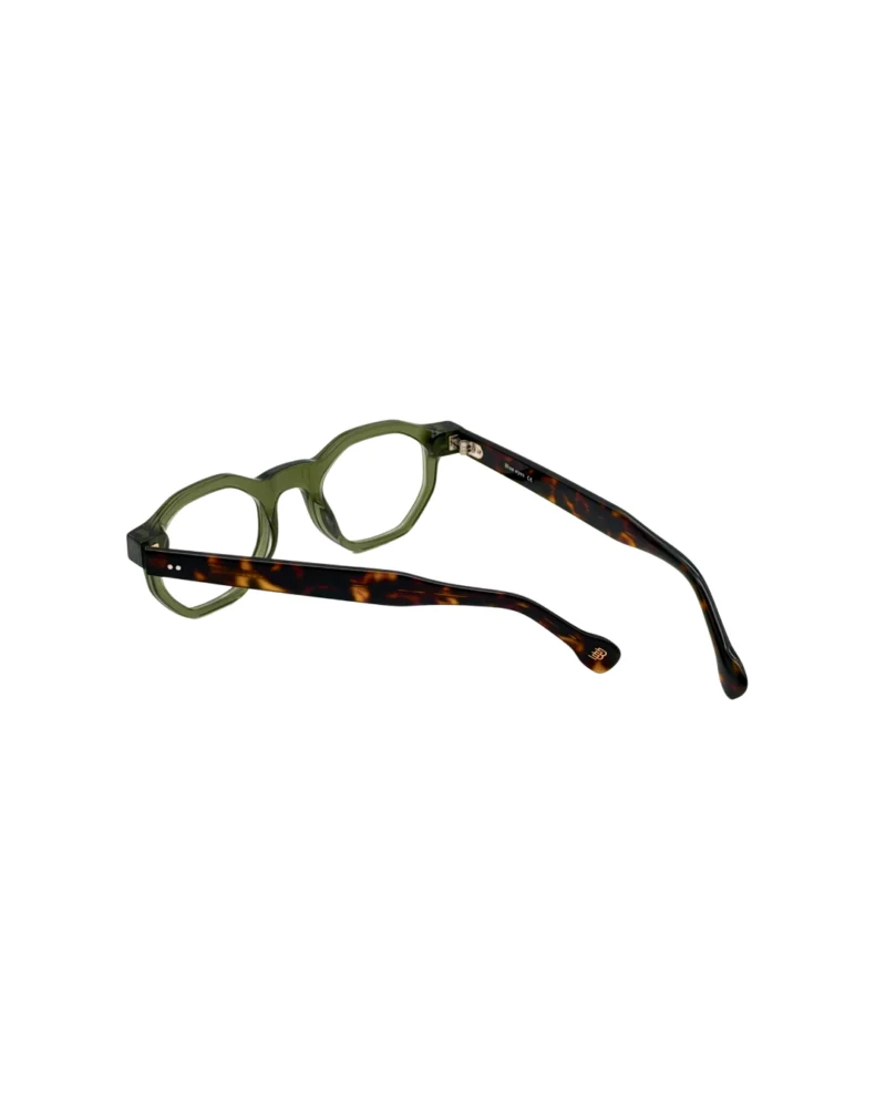 Vue arrière en perspective des lunettes de vue clip on Blue Eyes BE5010 vert et écaille, montrant l'intérieur de la monture.