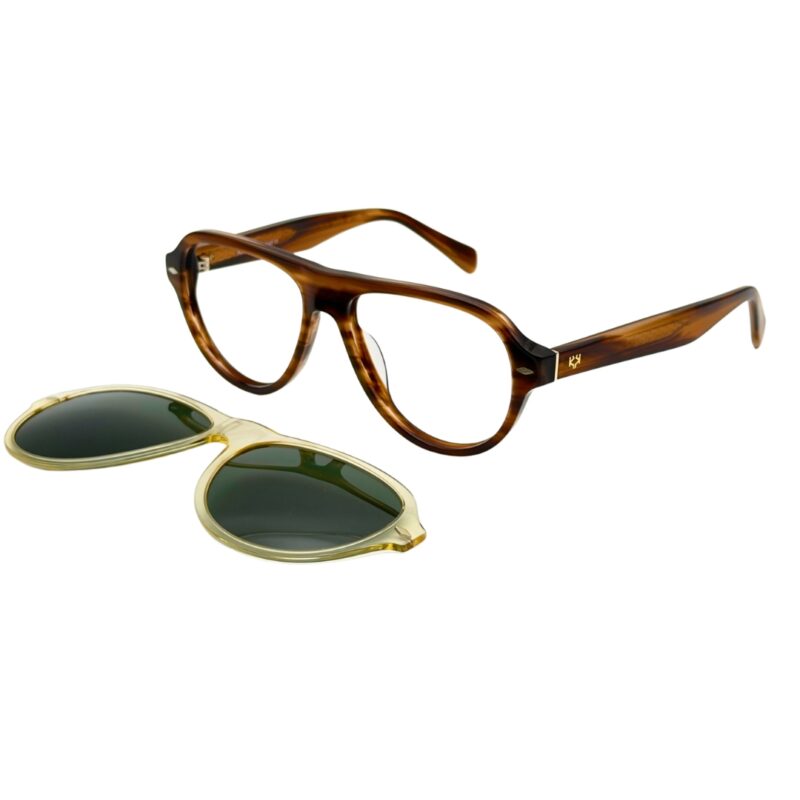 Lunettes de vue KAVAK KV6001 C4 en acétate ambre miel présentées de trois quarts avec leur clip solaire magnétique champagne détaché