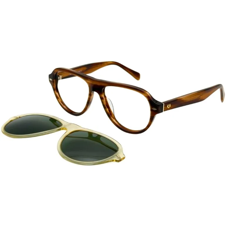Lunettes de vue KAVAK KV6001 C4 en acétate ambre miel présentées de trois quarts avec leur clip solaire magnétique champagne détaché