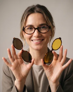 Femme souriante portant la lunette Kavak 1694 marron écaille avec les deux clips magnétiques en main