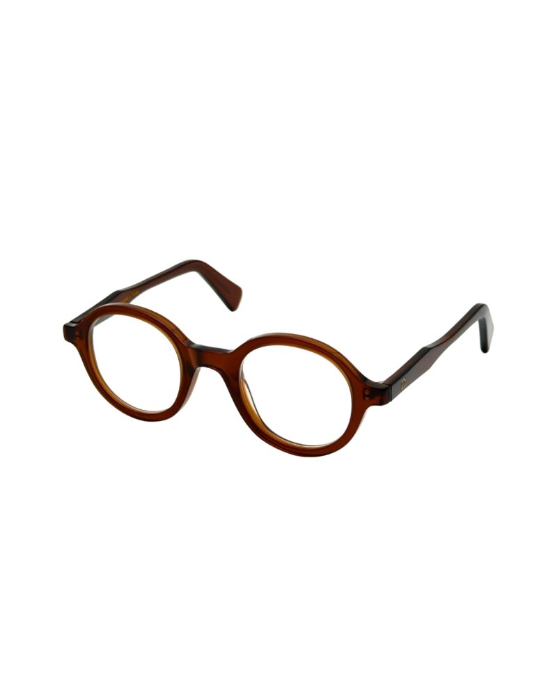 Monture optique pantos BERGAMOT Punch en acétate ambre miel translucide, vue de trois-quarts face.