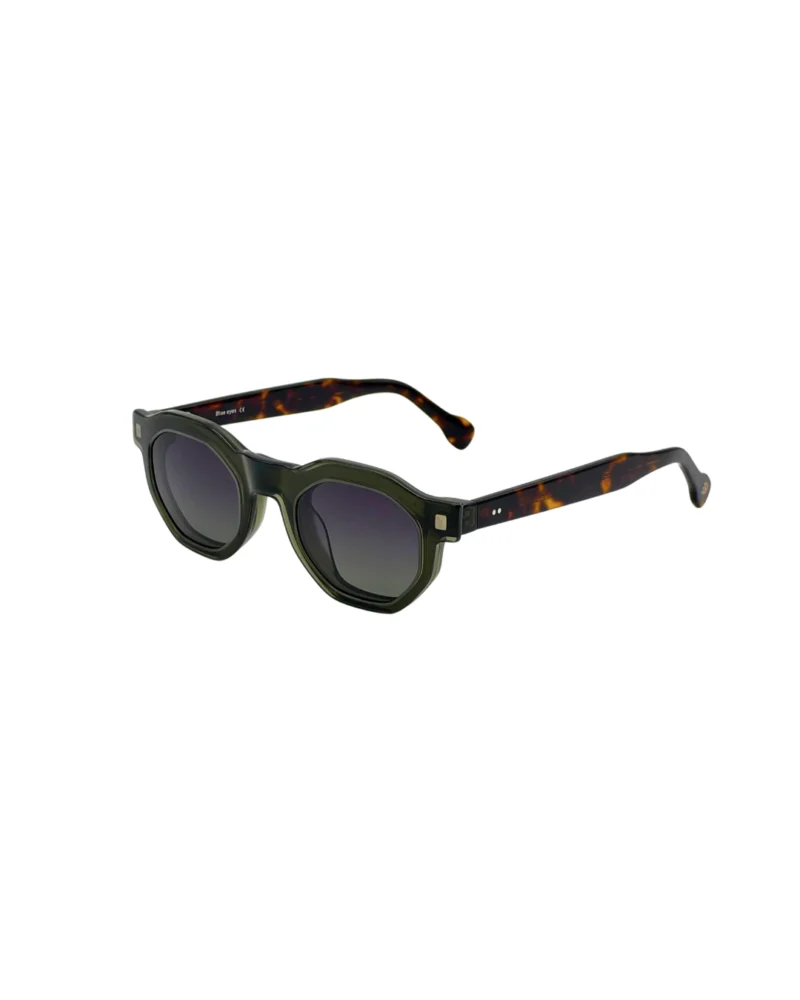 Lunettes de vue clip on Tunisie Blue Eyes BE5010 vert et écaille avec la façade solaire foncée clipsée, vue de trois quarts.
