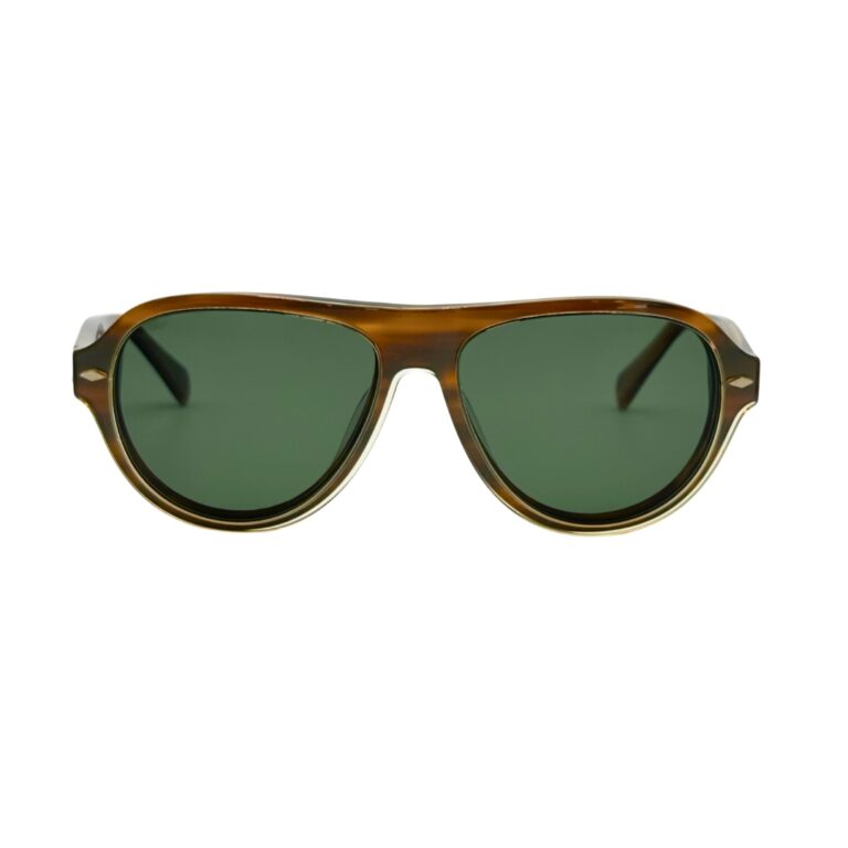 Vue de face des lunettes KAVAK KV6001 C4 avec clip solaire teinté vert et cerclage champagne monté sur la face aviateur