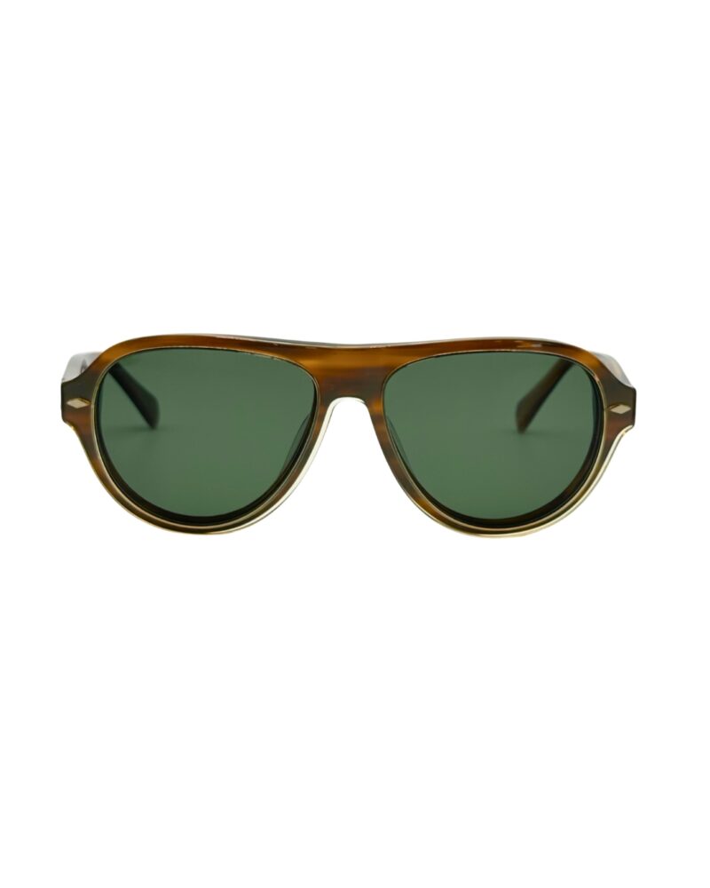 Vue de face des lunettes KAVAK KV6001 C4 avec clip solaire teinté vert et cerclage champagne monté sur la face aviateur