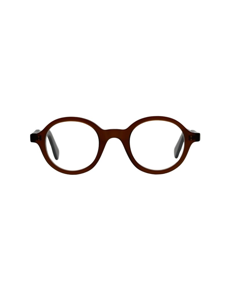 Lunettes de vue rondes BERGAMOT Punch ambre miel en acétate, vue de face sur fond blanc.