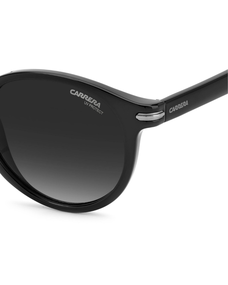 Détail Finition Carrera 301/S Noir - Insert Argent et Verre UV Protect Gros plan charnière argentée et logo Carrera UV Protect sur Lunettes de soleil Carrera 301/S noir