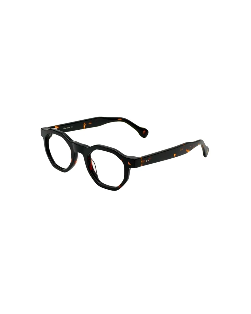 Monture pour lunettes de vue clip on Tunisie Blue Eyes BE5010 avec face noire et branches écaille, vue de trois quarts.
