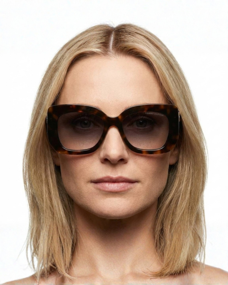 Lunettes de soleil Tommy Hilfiger TH 2224/S portées de face monture rectangulaire écaille