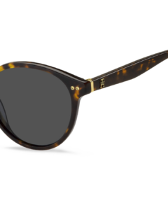 Détail charnière bague dorée monogramme TH et rivets face lunettes Tommy Hilfiger TH2159/S