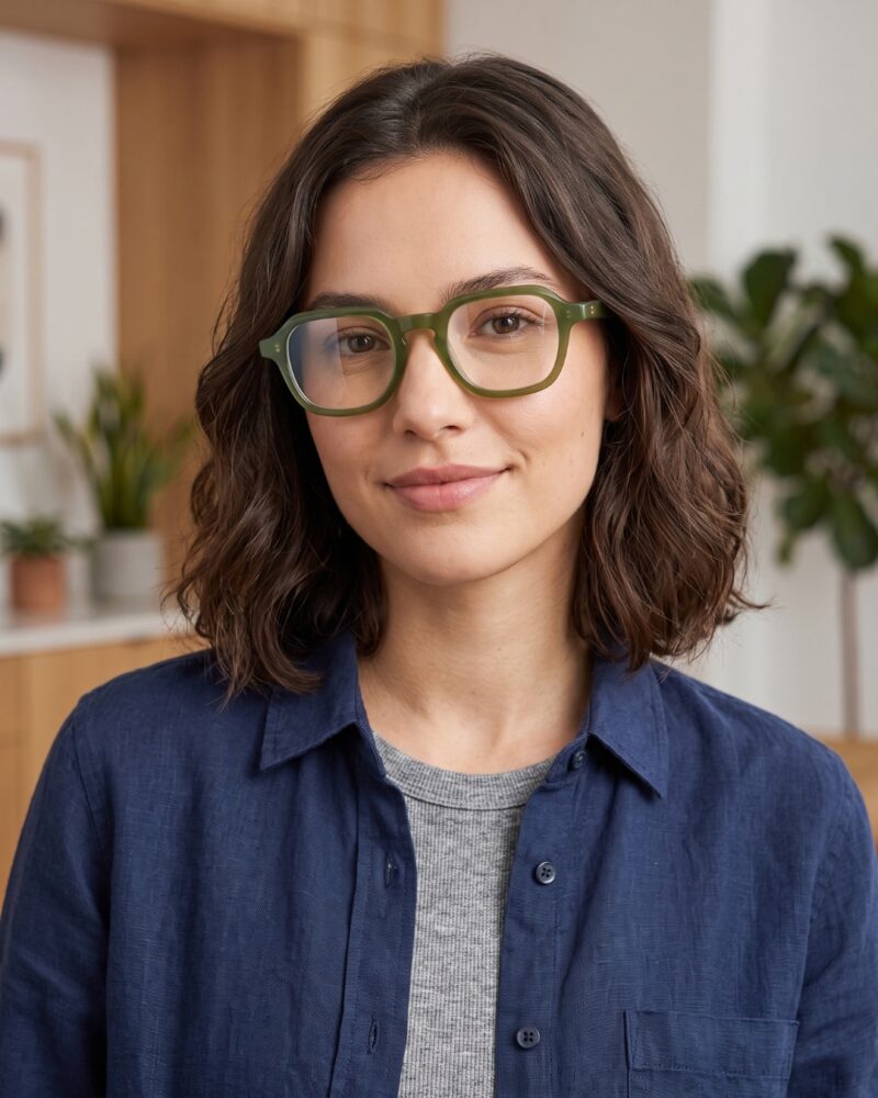 Jeune femme portant les lunettes de vue BERGAMOT LUXOR forme pantos géométrique vert olive