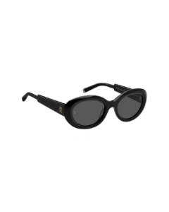 Profil gauche des lunettes de soleil Tommy Hilfiger TH 2207/S montrant le monogramme doré et les branches larges