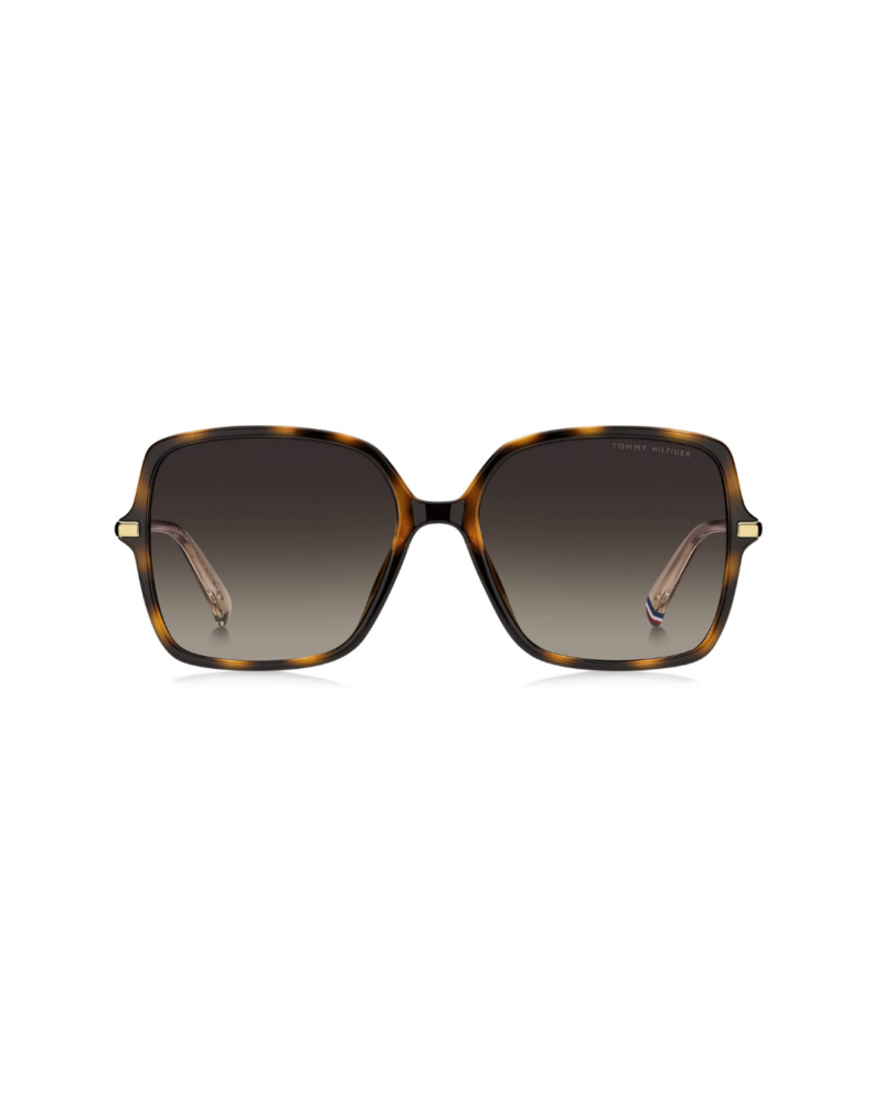 Face avant des lunettes de soleil Tommy Hilfiger TH2220/S forme papillon carrée écaille verres solaires dégradés marron