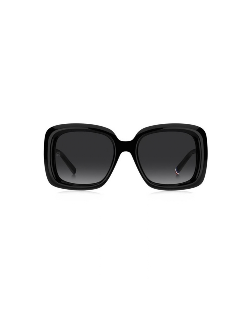 Face avant des lunettes de soleil Tommy Hilfiger TH 2208/S monture géométrique noire et verres teintés gris dégradé