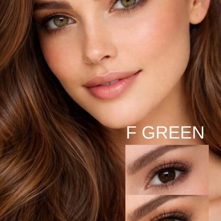 Comparatif avant et après pose des lentilles vertes Soft Vision F-Green sur iris foncé